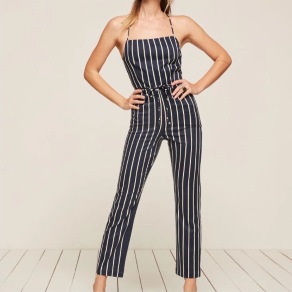 Reformation blue and white pinstripe jumpsuit with crisscross back